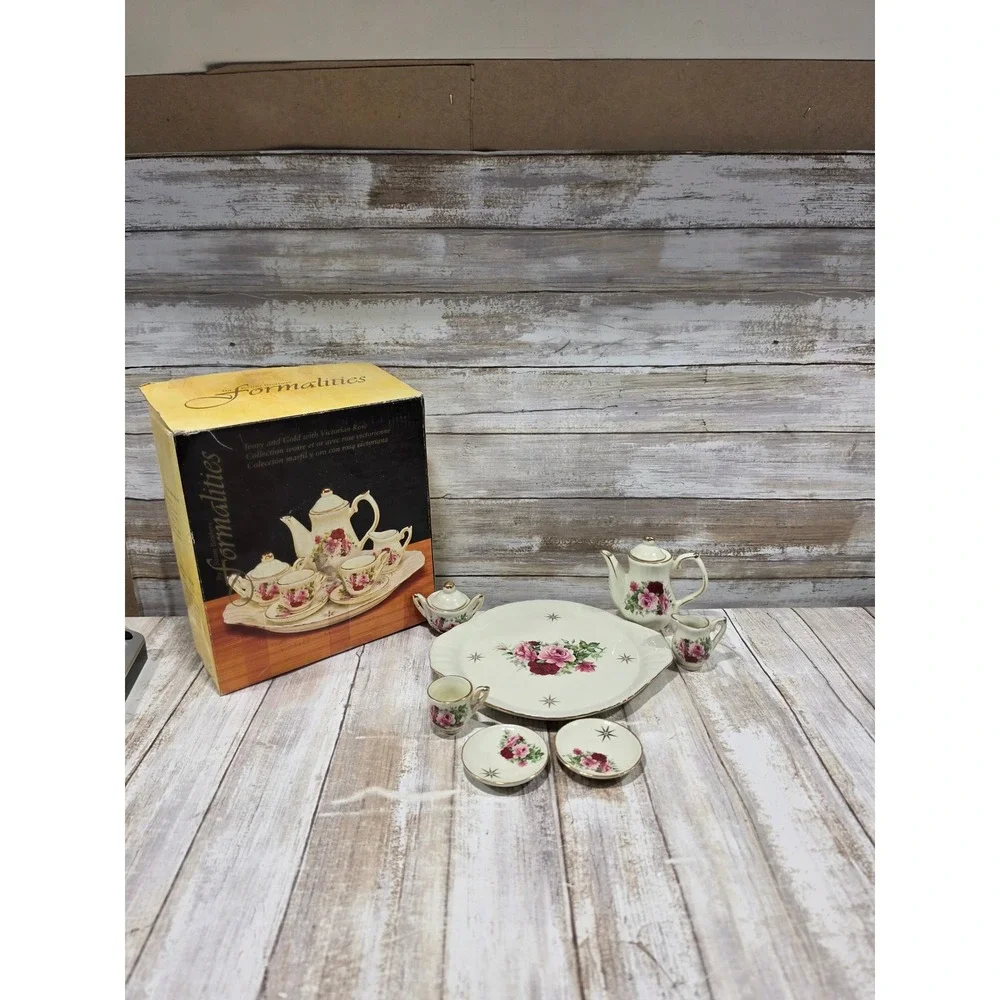 Formalities Baum Brothers Victorian Rose Miniature Tea Set Ivory Gold 9 pc. READ